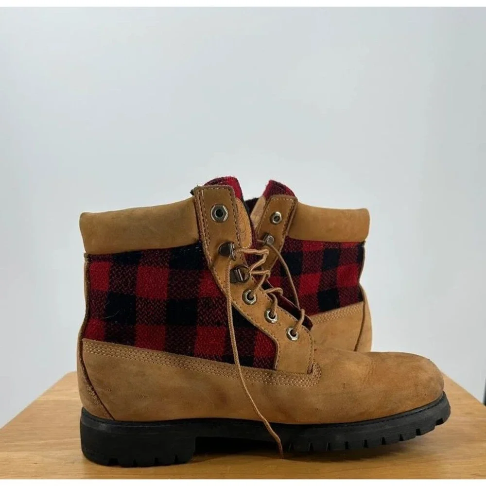 Timberland Men’s Leather Ankle Wheat Boots Buffalo Plaid Lace-Up Size 10.5